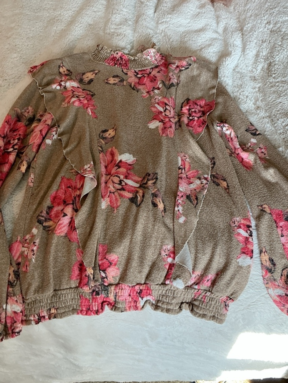 Maurices Beige Floral Ruffle Turtleneck Sweater with Pink Flowers